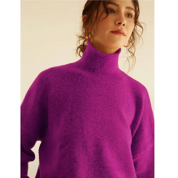 Fuchsia Knit Turtleneck Pullover Sweater Long Sleeve Drop Shoulder - Picture 6 of 14